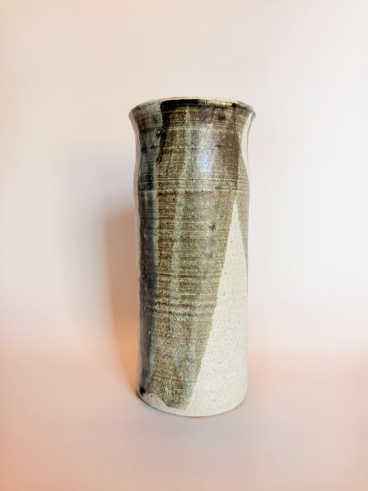 Handmade Studio Art Ceramic Vase In Light Grey With Muted Green Drip Detailing