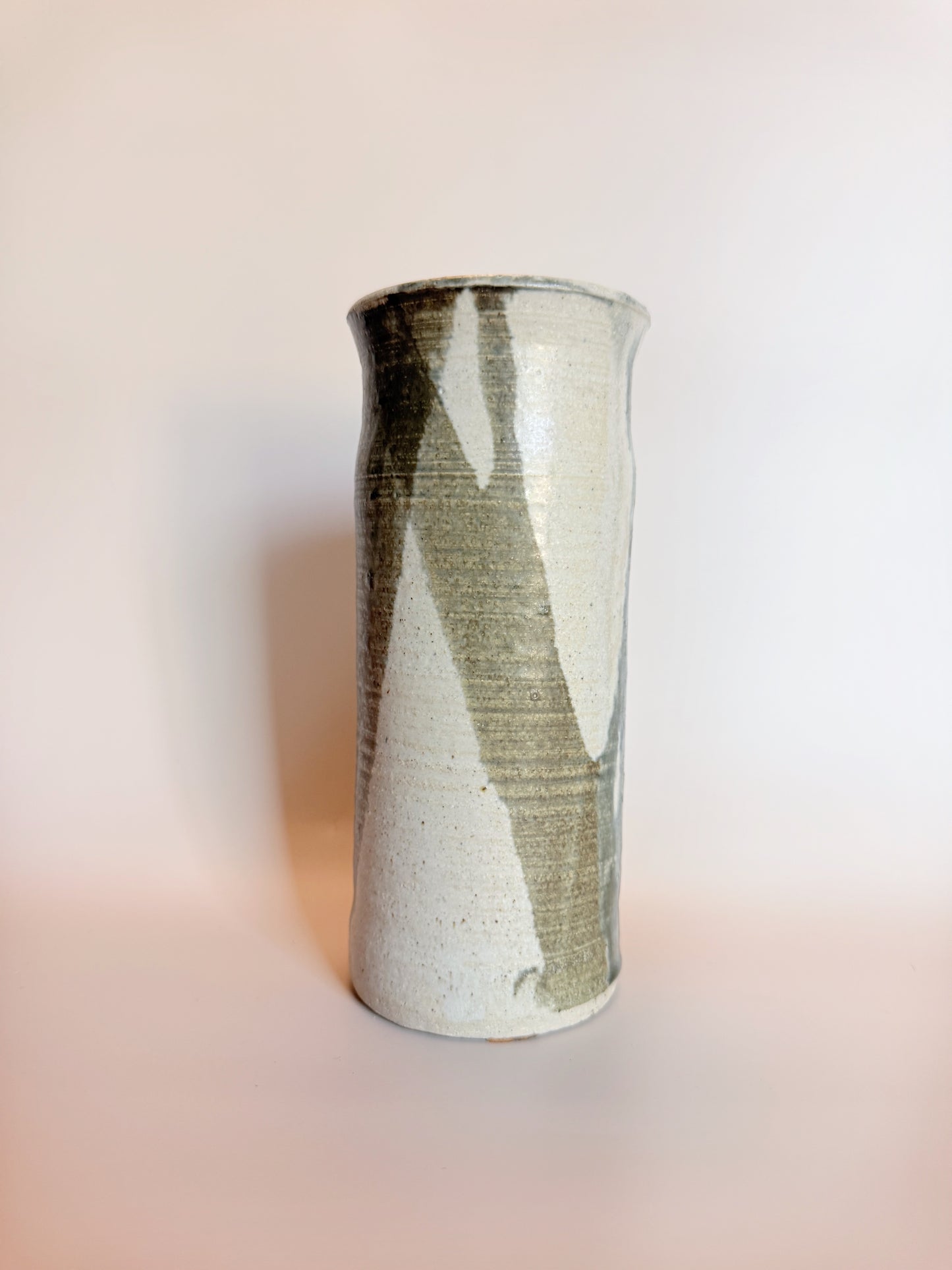 Handmade Studio Art Ceramic Vase In Light Grey With Muted Green Drip Detailing