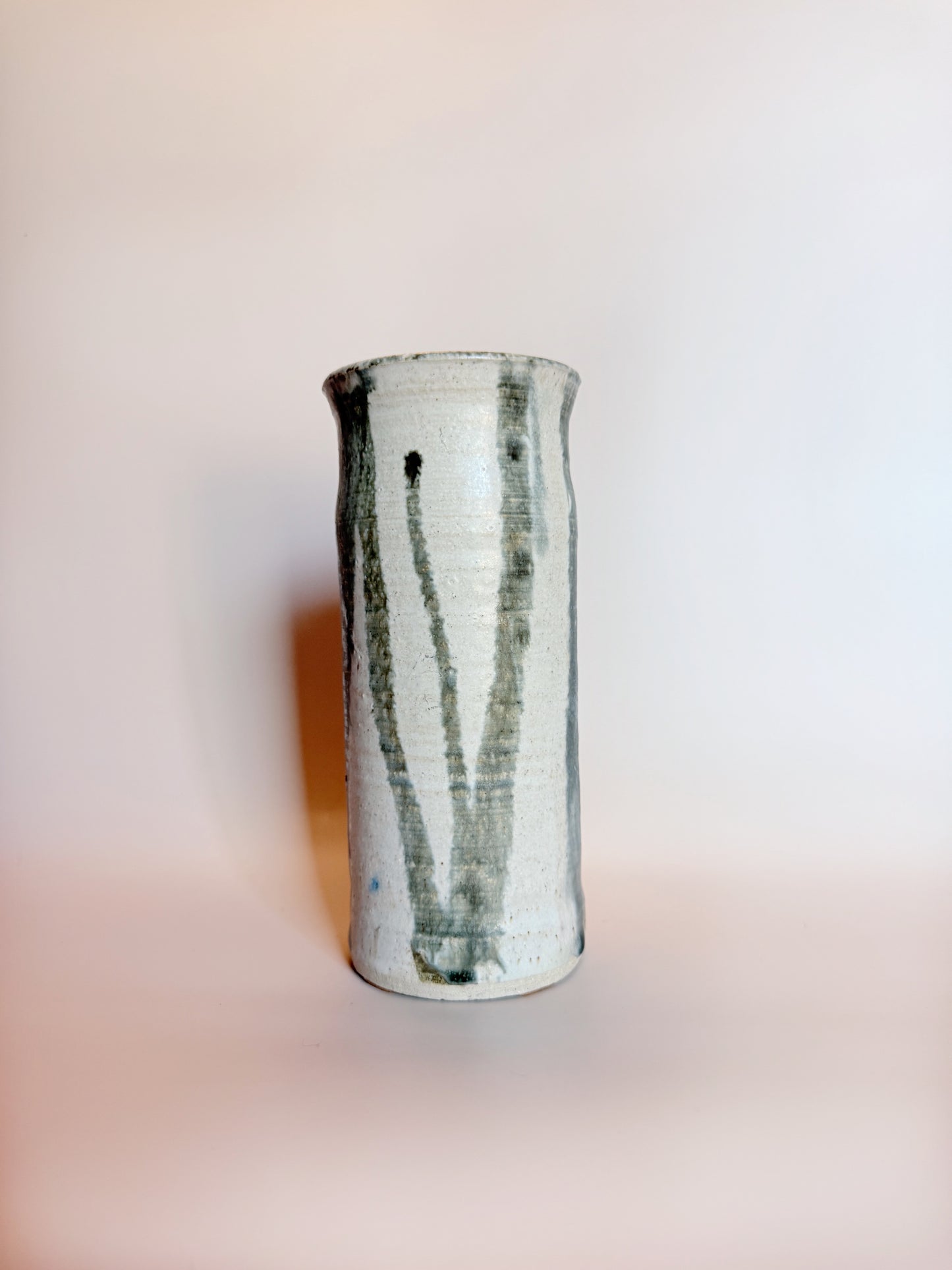 Handmade Studio Art Ceramic Vase In Light Grey With Muted Green Drip Detailing