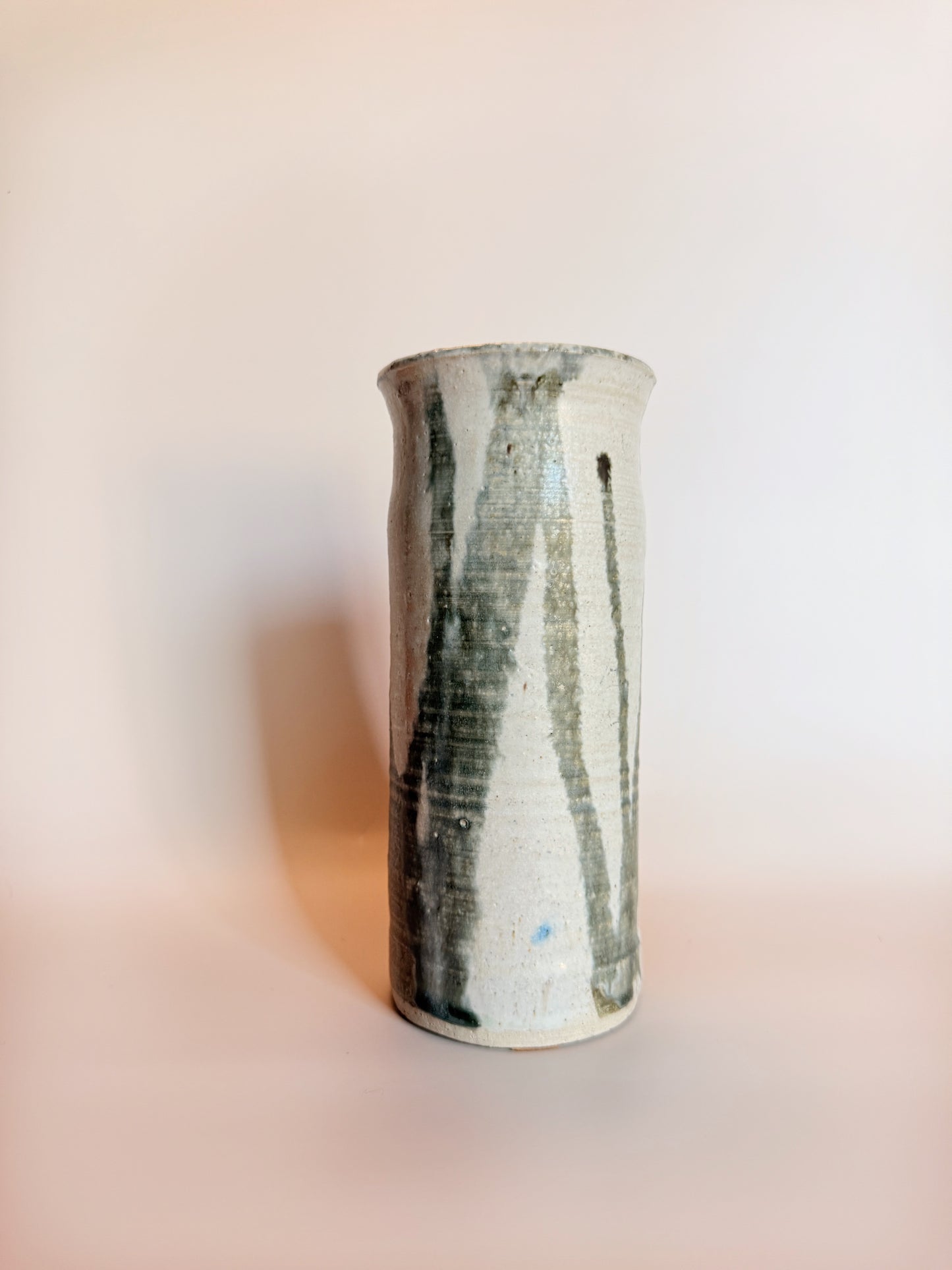 Handmade Studio Art Ceramic Vase In Light Grey With Muted Green Drip Detailing