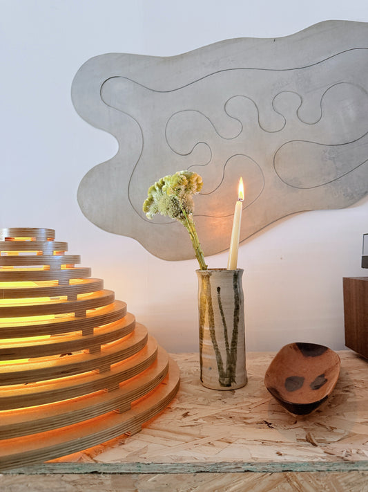 Handmade Studio Art Ceramic Vase In Light Grey With Muted Green Drip Detailing
